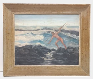 ANTIQUE ORIGINAL OIL on CANVAS SPEARFISHING YOUTH INITIALED GKB WORMWOOD FRAME - Picture 1 of 8