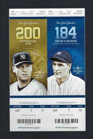 2014 NY YANKEES Tie Breaker BASEBALL FULL TICKETS - derek JETER & lou GEHRIG Cover