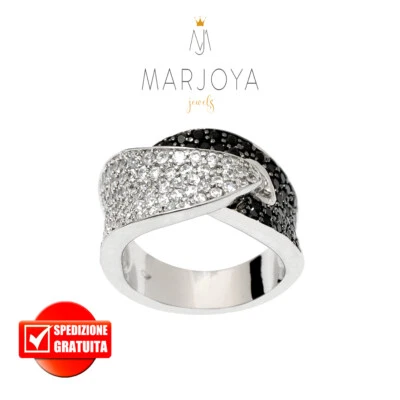 Anello contrariè a fascia in argento 925 rodiato con zirconi bianchi e neri - Immagine 1 di 4