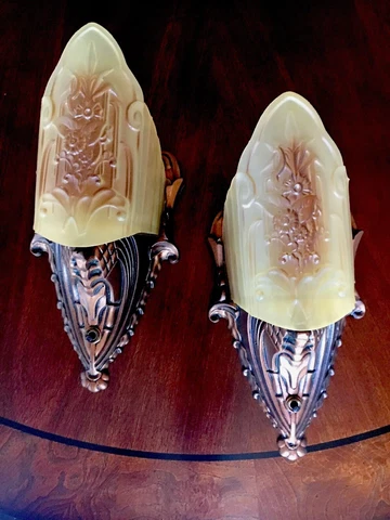 Pair Art Deco Midwest Antique Glass Slip Shade Wall Sconce Fixtures Cover