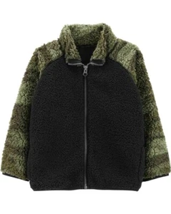 NWT Carters Boys Full Zip Fleece Sherpa Sweater Jacket Camo Green Black Kids 7 - Picture 1 of 5