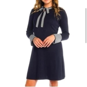 Nanette Lepore Luciana Knit Sweater Dress Tieneck Navy L - Picture 1 of 12