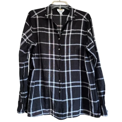 Vintage Talbots Irish Linen Black Plaid Button Down Shirt Blouse Sz 18 Classic - Image 1 of 4
