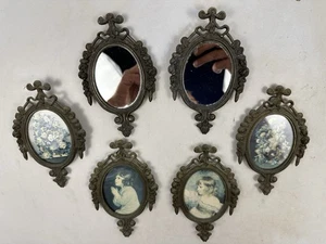 Set of 6 Vintage Italian Solid Brass Rococo Oval Wall Frames w/ Mirrors & Prints - Picture 1 of 23