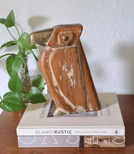 Mid Century Solid Wood Carved Bird Thunderbird Brass Accents Rare Unique 9.25" - Picture 1 of 8