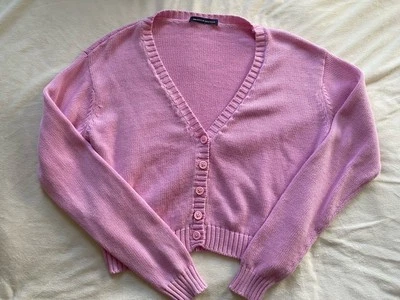 Brandy Melville Solid Pink Cotton Bubblegum Crop Button Front Cardigan One Size - Image 1 of 4