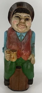 Vintage Wine Booze BOTTLE HOLDER WOOD MAN ON BARREL SECRET COMPARTMENT - Picture 1 of 12