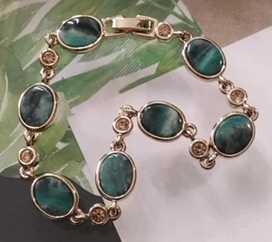 Designer MONET Gold Plate Blue Swirl Acrylic Stone and Warm Rhinestone Bracelet! - Picture 1 of 12