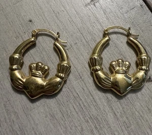Ohrringe 14 Karat Gelbgold Creolen Claddagh Krone Herz Hände 25 mm rund 2,7 Gramm - Bild 1 von 5