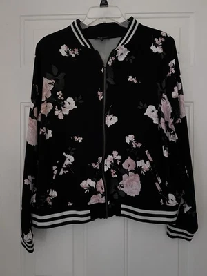 Torrid Light Floral Bomber Jacket With Black And White Striped Rib Size 0 - Image 1 of 4