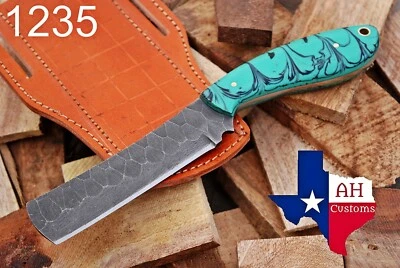 AH CUSTOMS HAND FORGED RAIL ROAD BULL CUTTER/COWBOY KNIFE & RISEN HANDLE AH DAMASCUS-1235
