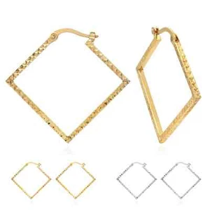 14K Gold Diamond-Cut Square Hoop Earrings 31mm - Picture 1 of 9