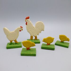 Figurines vintage mini coq plat en bois poulailler ferme animaux crèche village