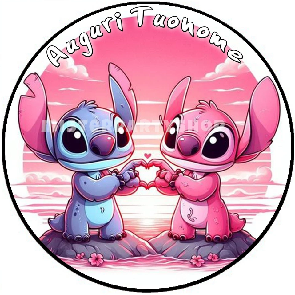 MR PARTY Cialda - Ostia per torte Stitch e Angel cuore Formato grande A3 cm. 28 diametro