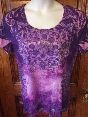 ESSENTIALS Purple Sequins Sublimation Boho Design Shirt TOP, Plus Size 0X - Image 1 of 4