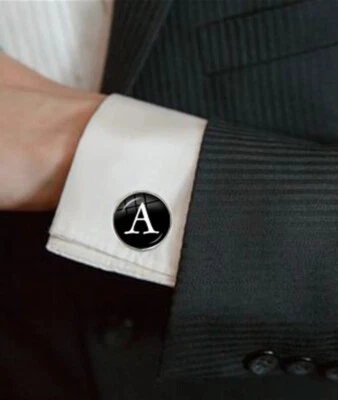 1x Pair - Gentlemans Initial Cufflink Cufflinks Glass Dome Silver Metal Black - Image 1 of 4