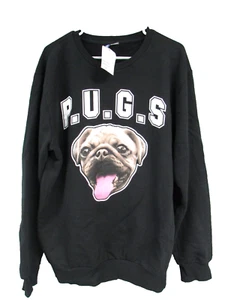 NWT P.U.G.S. Divided Sweatshirt Unisex H&M Black Crewneck Size XL Dog PUGS - Picture 1 of 3