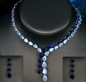 18k White Gold Plated Necklace Earrings Set made w Swarovski Crystal Blue Stone