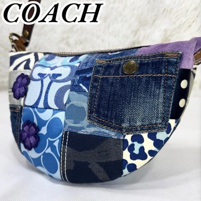 COACH 10819 Patchwork Denim Half Moon Shoulder Bag Blue Signature Leather Rare - Image 1 of 4