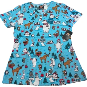 NWT Dickies Women's Medical Scrub Top Sz Small B Cool Like Winter Theme V- Neck - Picture 1 of 7