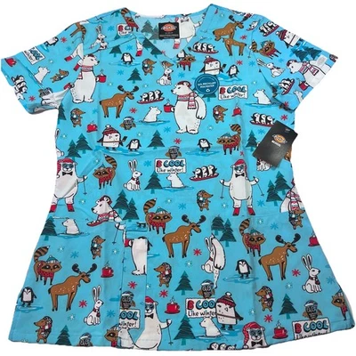 NWT Dickies Women's Medical Scrub Top Sz Small B Cool Like Winter Theme V- Neck - Image 1 of 4