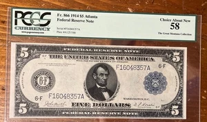 1914 $5 Atlanta Federal Reserve Note Fr 866 PCGS 58 The Great Montana Collection - Picture 1 of 2