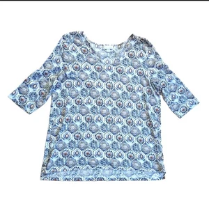 Blusa J Jill Floral Mosaico Estampado Boho Manga 3/4 Algodón Cómoda Cuello en V - Imagen 1 de 4