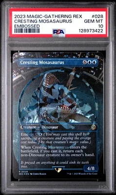 2023 MTG JURASSIC WORLD COLL EMBOSSED #028 CRESTING MOSASAURUS PSA 10 - Image 1 of 2