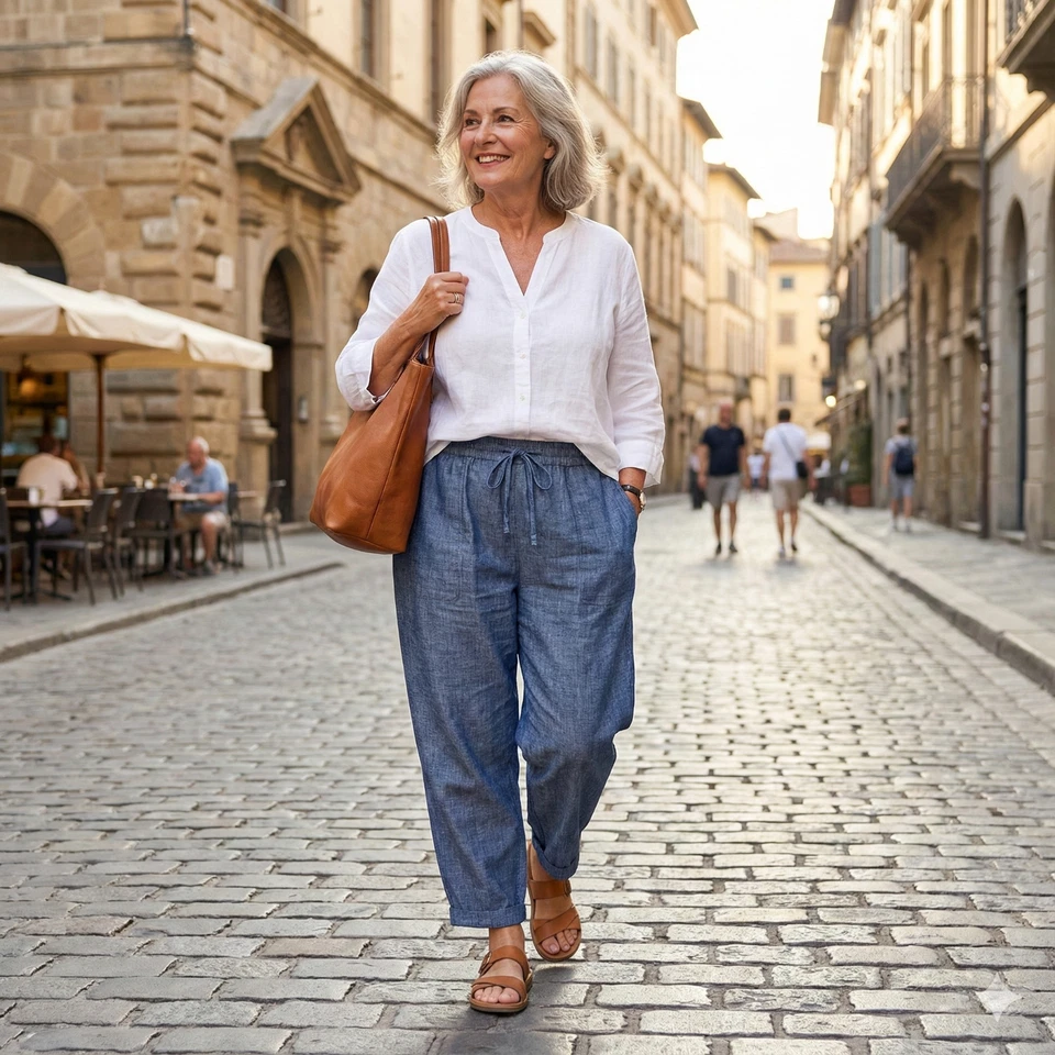 Pantalones antiguos azul marino de tiro alto pierna ancha mezcla de lino - Para mujer 4XL Preppy informales verano Foto 1 de 4