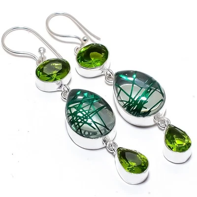 Quarzo rutilato verde, pietra preziosa peridoto 925 orecchino gioiello in arg... - Immagine 1 di 4