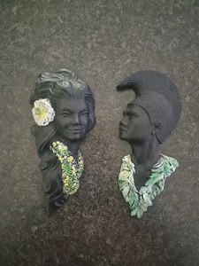 Vintage Hawaiian Black Coral Wall Hangings, Woman and Man Souvenir - Picture 1 of 9