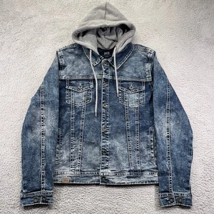 BKE Denim Trucker Jacket Mens Large Blue Jersey Knit Hood Distressed Button Up - Picture 1 of 14