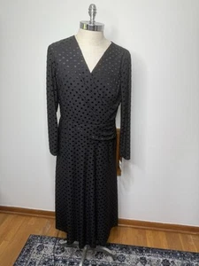 Ralph Lauren Black Polka Dot Dress Size 14 Ruched Side Sheer Midi NEW V Neck - Picture 1 of 14