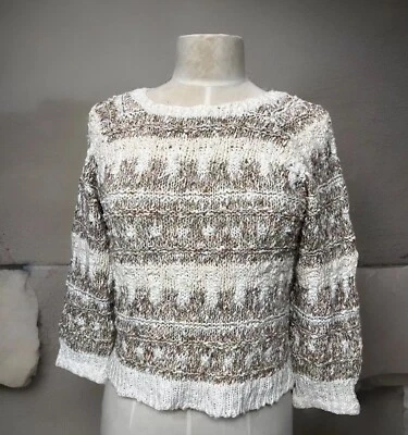 Lauren Hansen Hand-Knit White Tonal Striped Open Knit Sweater Size XS Cottage - Image 1 of 4