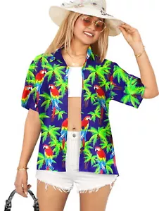 HAPPY BAY Hawaiian Shirts Womens Casual Summer Beach S Parrot Palm, Royal Blue - Picture 1 of 3