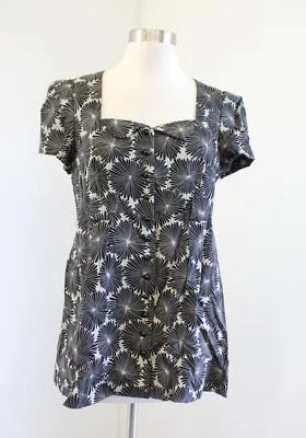 Milly of New York Black Geometric Floral Babydoll Button Front Blouse Top Silk 6 - Image 1 of 4