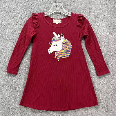Btween Dress Girls 7 8 Red wine Sequin Unicorn Flutter long Sleeve rainbow - Image 1 of 4
