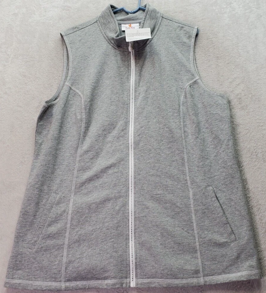 Quacker Factory Vest Women Large Gray Oversize Cotton Sleeveless Pocket Full Zip - Image 1 of 4