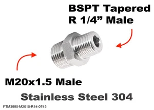M20x1.5 to BSPT Tapered R 1/4" Male Stainless Sensor Adaptor Fittings Conversion - Picture 1 of 4