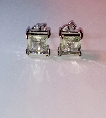 5 Ctw Green Amethyst,square cut heat treated Earrings, Solid Sterling Silver New - Image 1 of 4