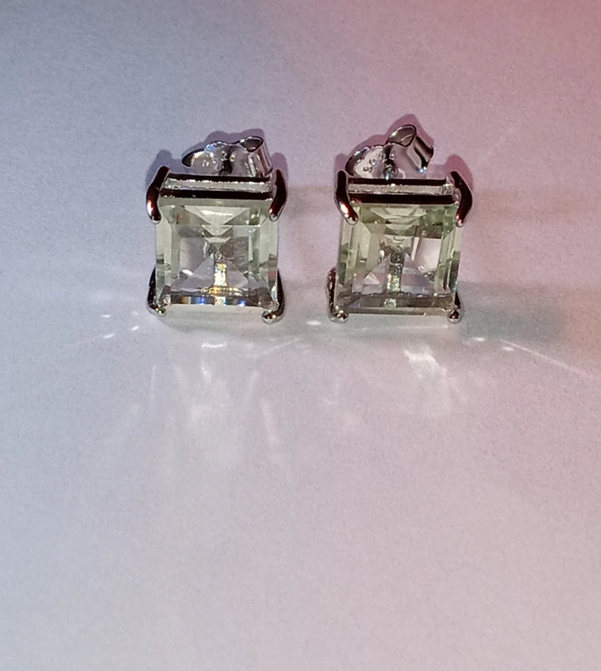 5 Ctw Green Amethyst,square cut heat treated Earrings, Solid Sterling Silver New - Image 1 of 4
