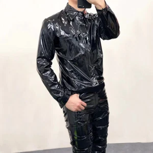 Mens Faux Leather Shirt Top Wet Look Shiny Party Clubwear Fancy Dress Cocktail - Picture 1 of 38