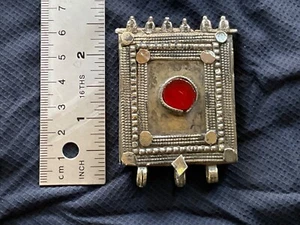 Yemen High Silver Content 2.5" Pendant Red Glass Center Antique - Picture 1 of 8