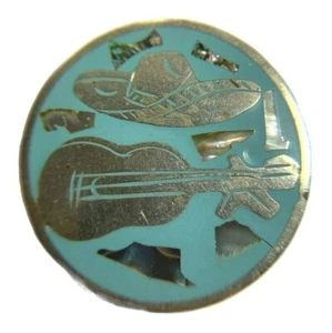 Vintage Mexico Silver Enamel Inlaid Brooch Pendant Guitar Sombrero 1-5/8”d 11g - Picture 1 of 6