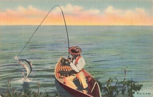 Fishing Postcard Landing a Big One Fish Boat Sport Fisherman About 1940s N1 - Picture 1 of 2