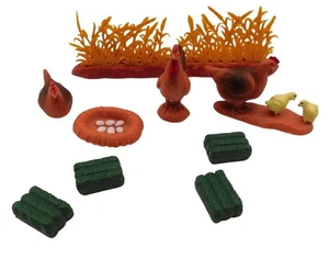 Vintage Popak New-Ray Plastic Chickens Farmyard Toys Hen Chicks Grass Egg Nest - Picture 1 of 4