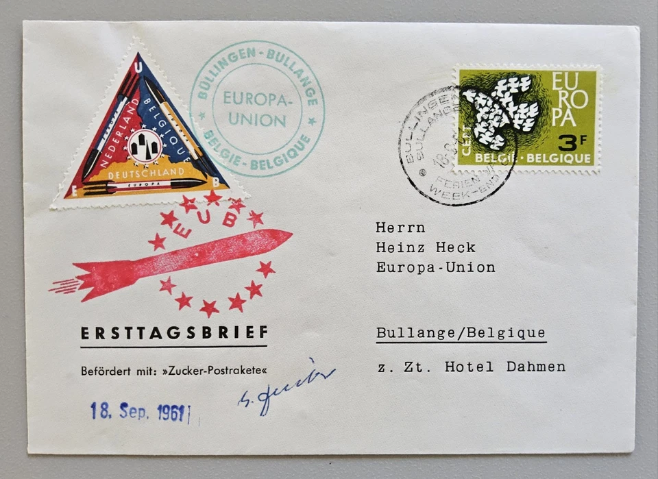 Brief Raketenpost FDC Belgien 1961 bef. m. Postrakete, Zucker Original Autogramm - Bild 1 von 1