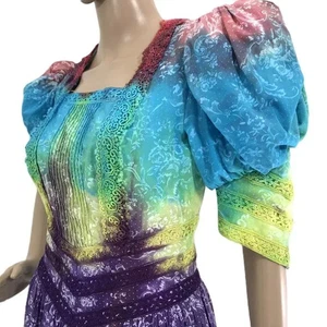 OOAK Vintage Embroidered Puff Sleeve Dress 8 Scott McClintock Floral Tie Dye - Picture 1 of 16