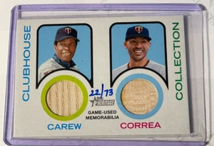 ROD CAREW /CARLOS CORREA 2022 TOPPS HERITAGE CLUBHOUSE GAME USED BAT CARD #22/73 - Picture 1 of 2
