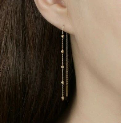 14k Solid Gold Long Ball Threader Earrings, Pull Through Dangling Earrings, Pair - Image 1 of 4